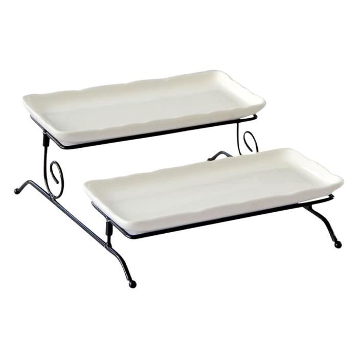 Support de service à 2 niveaux Ensemble durable de plateau de service avec 2 plateaux de service en porcelaine Plateau de service