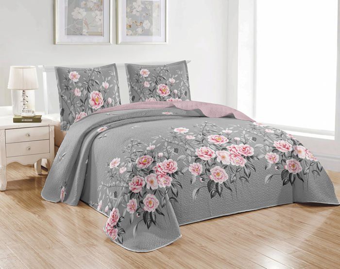 Couvre-lit Boutis épais Matelassé 220x240 Cm + 2 Taies 65x65 Cm - Microfibre - Coloris Beige Et Gris