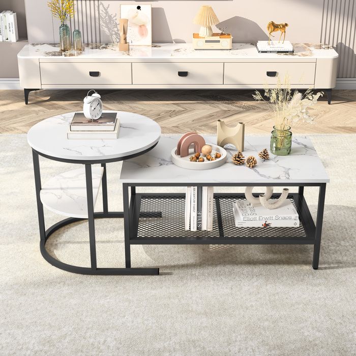Table basse Table de salon 2 niveaux en Imprimée marbre rectangulaire Pieds métal Scandinave Rangement et 2 étagère Lot de 2 Noir