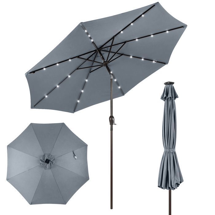 Parasol de Jardin Déporté Inclinable COSTWAY - 24 Lumières LED - Dia.3x25M - Structure en Métal Robuste - Anti-UV - Gris