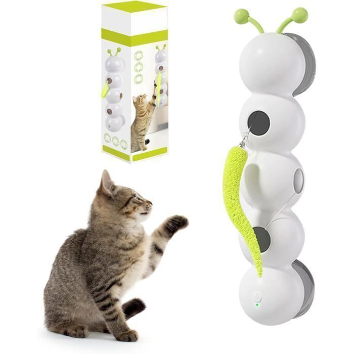 Jouet Interactif Automatique pour Chat en Forme de Chenille 2 Plumes - Capteur Intelligent - Ventouses Puissantes Rechargeable