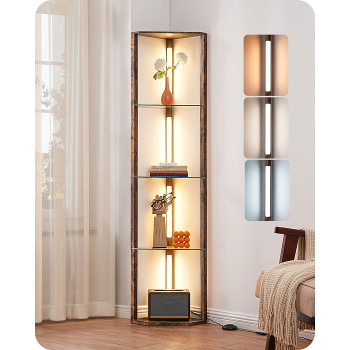 EDISHINE Lampadaire sur pied salon LED dimmable avec étagères en verre 3 températures de couleur interrupteur à pied noyer moyen