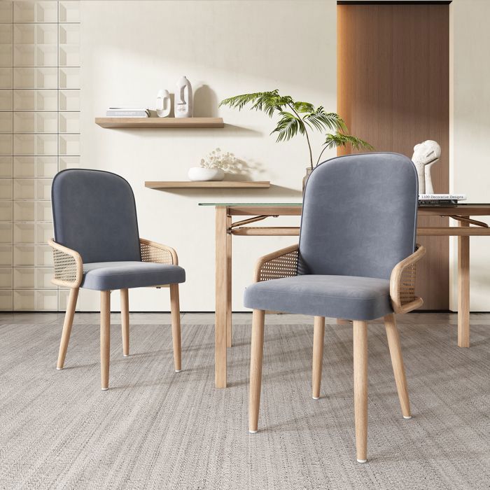 Chaises de salle à manger - Lot de 2 - Design Rattan - Métal effet bois - Gris Chaises de salle à manger - Lot de 2 - Design Rattan - Métal effet bois - Gris