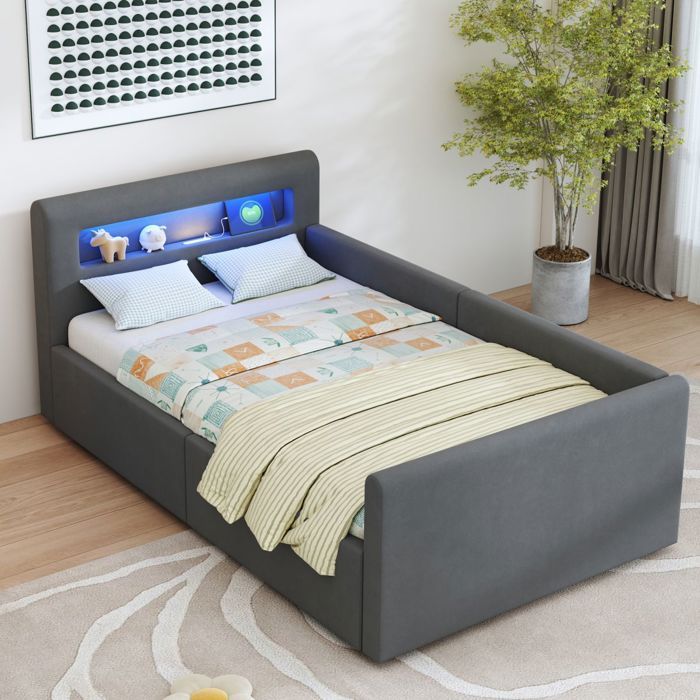 Lit enfant 90x200cm velours gris foncé - LED veilleuse USB étagère rangement hydraulique - Garçons/filles - sans Matelas Lit enfant 90x200cm velours gris foncé - LED veilleuse USB étagère rangement hydraulique - Garçons/filles - sans Matelas