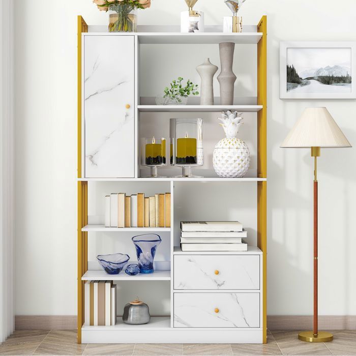 Bibliothèque - 6 étagères - 100x30x173.5 cm - Bois - Blanc et or
