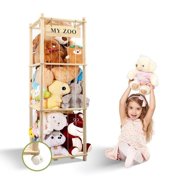Rangement en bois pour doudous 135 x 40 x 40 cm avec frein à 360° roues équipées pour doudous peluches pour chambre denfant