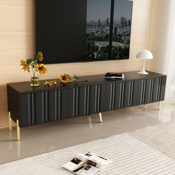 Meuble TV moderne minimaliste quatre portes avec huit compartiments meuble bas pour salon pieds dorés noir longueur 190 cm