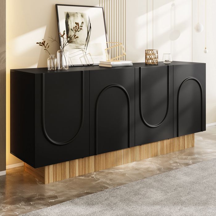 Buffet moderne - MODERNLUXE - 160x38x75 cm - 4 portes - Structure en U - Design en relief - Panneaux de particules - Noir+naturel Buffet moderne - MODERNLUXE - 160x38x75 cm - 4 portes - Structure en U - Design en relief - Panneaux de particules - Noir+naturel