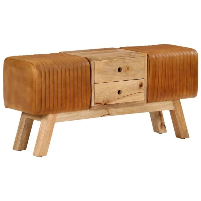 Banc en cuir véritable - vidaXL - 107x30x49 cm - Brun - Cuir de chèvre - Bois de manguier - Rangement avec tiroirs
