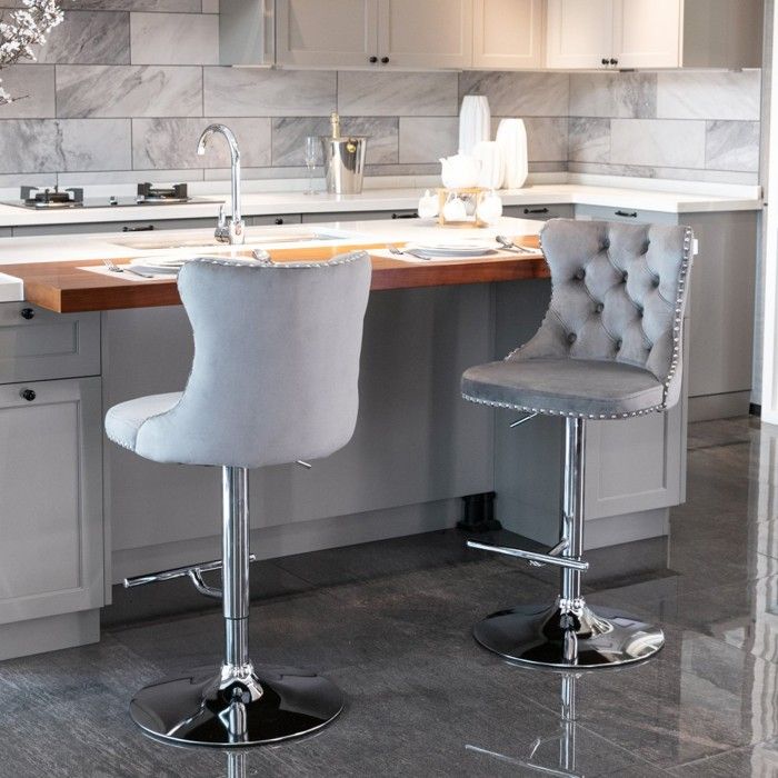 lot de 2 Tabourets bar pivotants velours assise réglable 63-84cm base chrome dossier capitonné gris  46x46x95-116cm