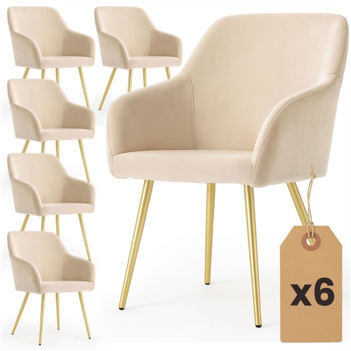Lot de 6 Chaises en velours lisses ESTELLE Beige pieds dorés Lot de 6 Chaises en velours lisses ESTELLE Beige pieds dorés