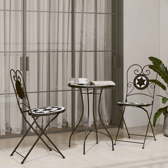 [81345]Table de bistro mosaïque - 2 Personnes - Meuble de balcon - noir et blanc Ø50x70 cm céramique Poids:11.35 Kg