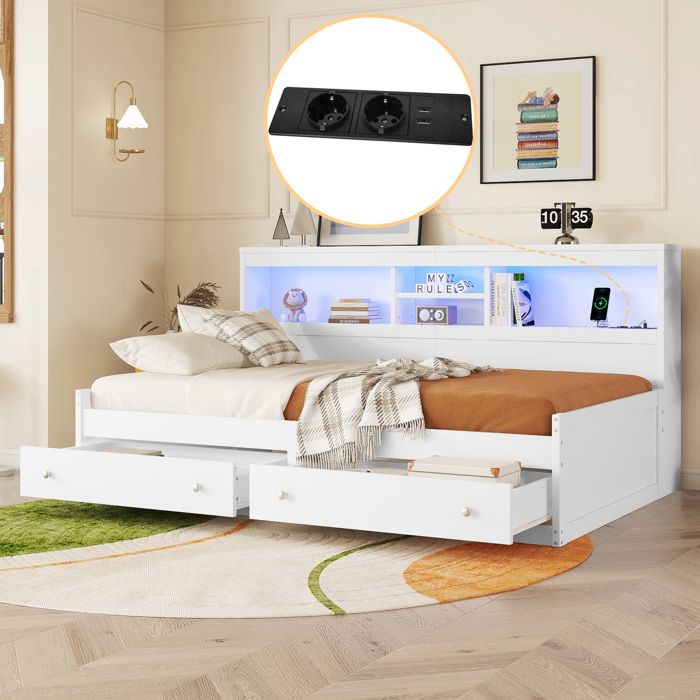 Lit Banquette 90x200 cm  Lit enfant/Ado avec Ports USB et Éclairage LED  Sans Matelas Structure MDF Solide  Finition Blanche