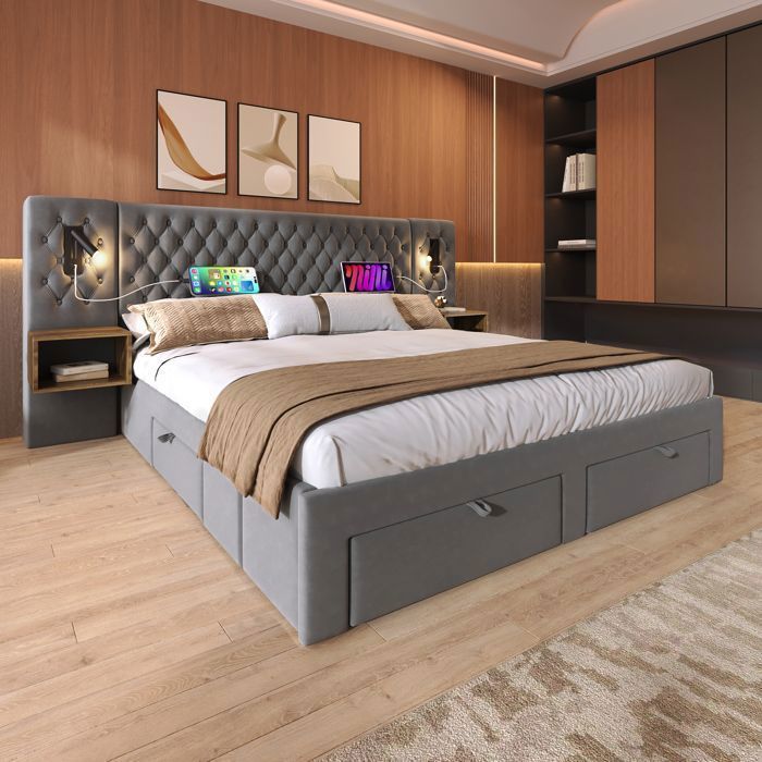 Lit coffre180×200 cm de style tiroir avec tête de lit en bois et velours gris-2 tables de chevet intégrées