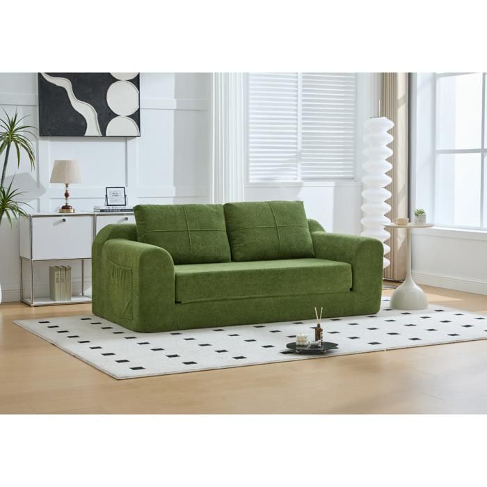 Canapé convertible 2 places 179x95x79 cm avec accoudoirs et design 2 en 1 en tissu velours vert