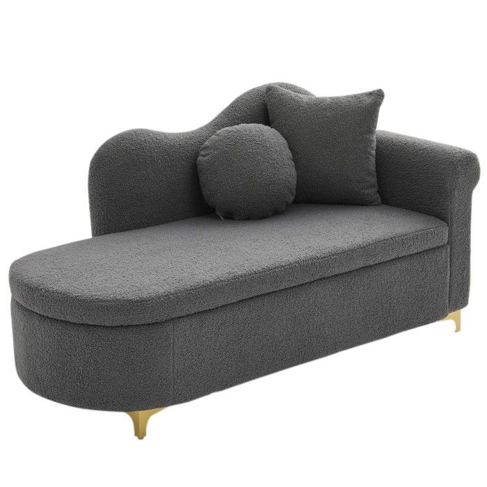 Méridienne Chaise Longue Multifonctionnelle Avec Rangement Tissu Peluche Coussins Lombaire Et Cervical Gris Antique 134x64x70cm
