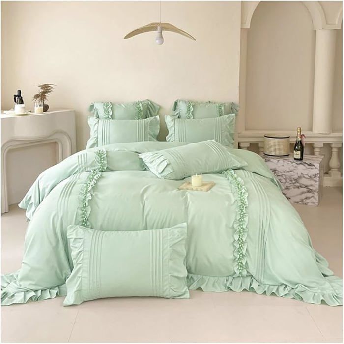 Housse Couette 200x230cm Feuille Lotus + Drap Housse + 2 Taies 48x74cm - Parure Lit Volants Romantique Ado/Fille/ PARURE DE COUETTE