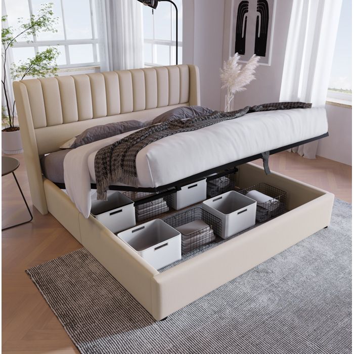 Lit double avec rangement hydraulique en lin beige 140 × 200 cm