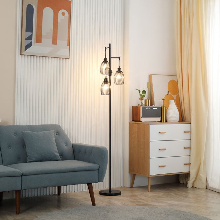 MOTHINESSTO1130-Lampadaire style industriel 40 W max. 3 abat-jours en métal filaire luminosité réglable - ampoule E27 - noir