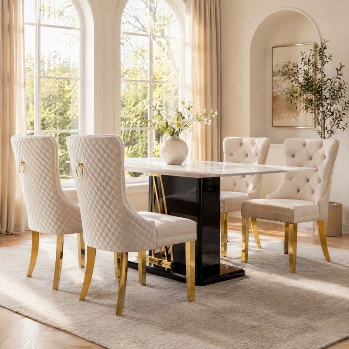 Lot de 4 chaises de salle à manger capitonnées avec dossier décoratif - BEAUNIV - velours inox doré beige