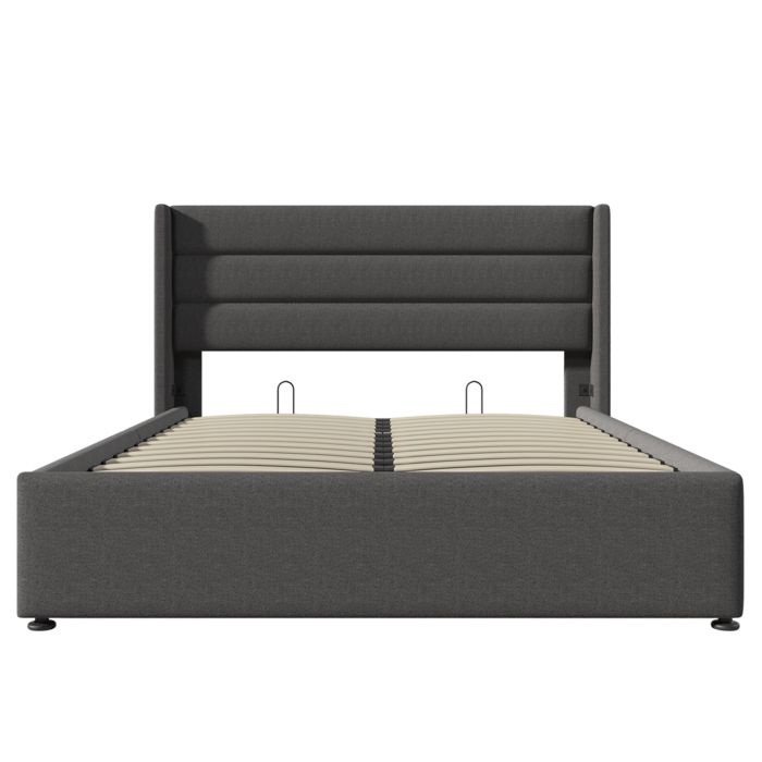 Lit coffre hydraulique 160x200 gris avec rangement et sommier bois métal et tissu en lin