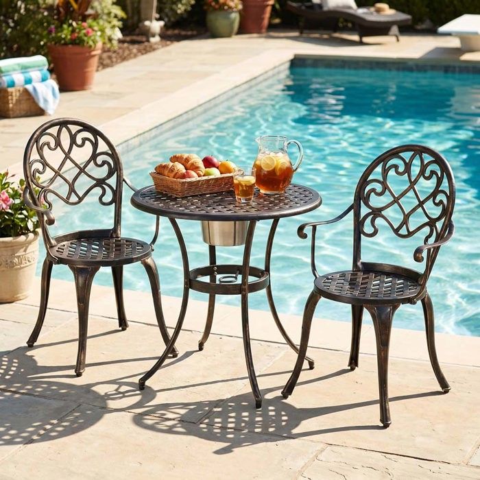 Ensemble de table et chaises de jardin - 2 places - seau à glace amovible - fonte daluminium anti-corrosion - bronze antique