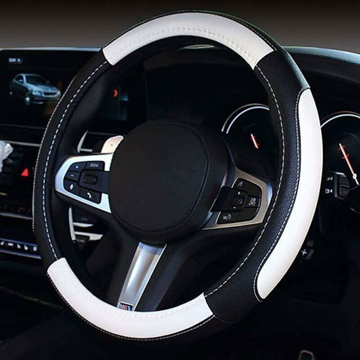 Couvre Volant Voiture en CuirUniverselle Housse Volant Voiture 38cmCache Protege Volant Voiture Sport Courbes(Noir-Blanc ENEVAOCT
