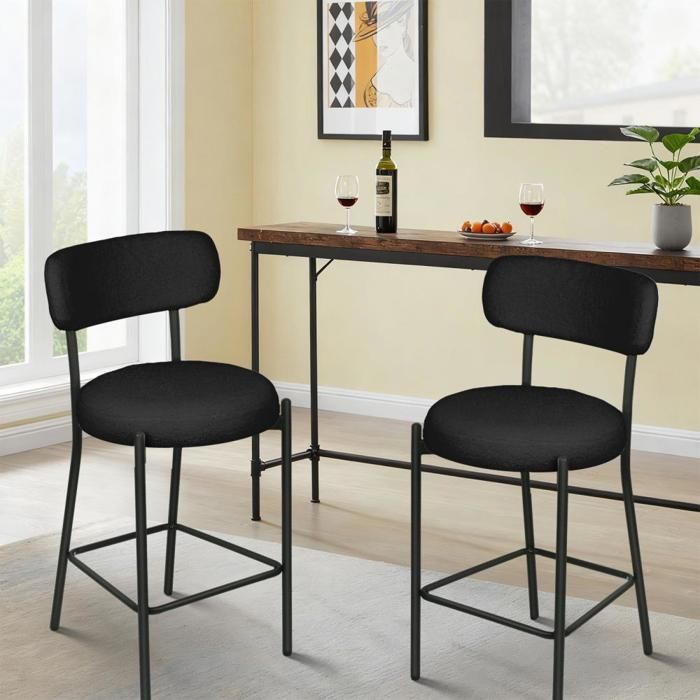 OHMG-Lot De 2 Chaises Hautes À Manger-Velours Peluche-Avec Dossier Et Repose-Pour Restaurants Et Chambres-4 Pieds Fixes-Noir