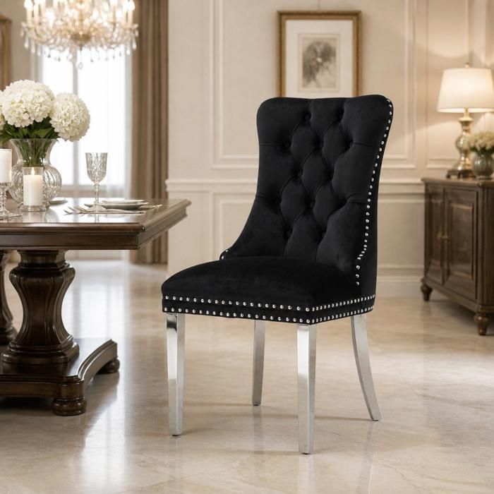 Chaise salle manger velours capitonnée bois massif pieds acier inox chromé clous lot 2 noir chromé