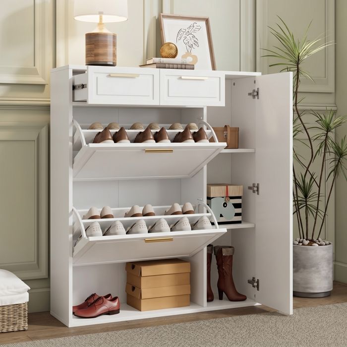 Armoire à chaussures avec étagères réglables poignées dorées tiroirs étagère à chaussures pliante entrée ou couloirBlanc