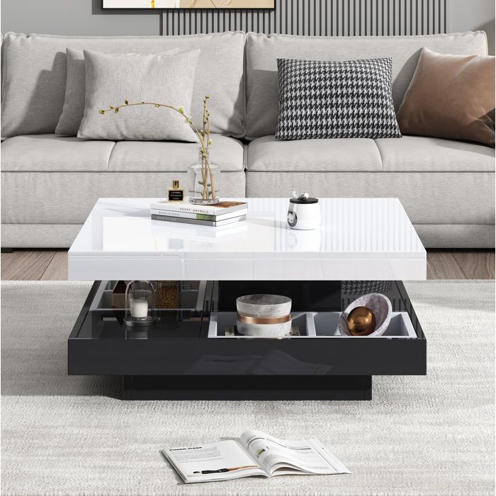 Table Basse 70x70x36 Cm Plateau Pivotant à 360° Design à Double Plateau Panneaux De Particules Noir + Blanc