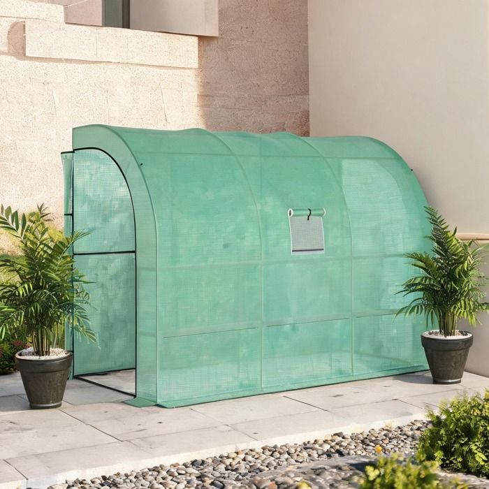 Serre de jardin adossée 300 x 150 x 213 cm structure acier et bâche polyéthylène soft green avec portes zippées et fenêtre