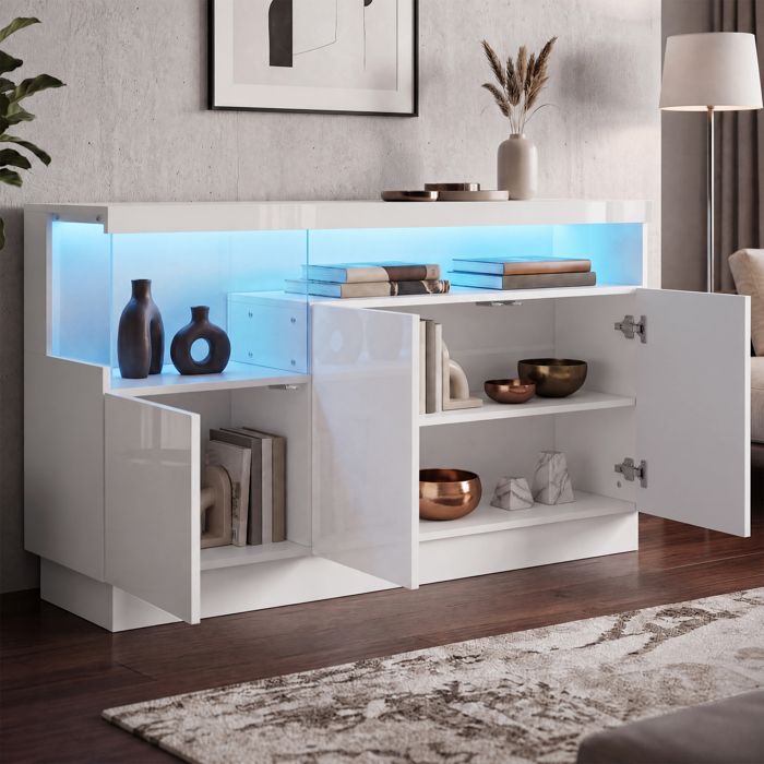 Buffet avec 3 portes et éclairage LED Buffet Bahut Buffet de salon Buffet moderne 140x36x80 cm Meuble de rangement Blanc