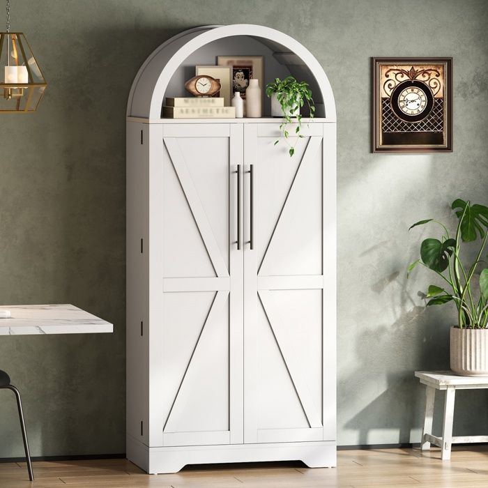 Buffet haut arqué 70x40x165 cm - 2 portes 3 étagères et 5 rangements de porte - MDF Blanc