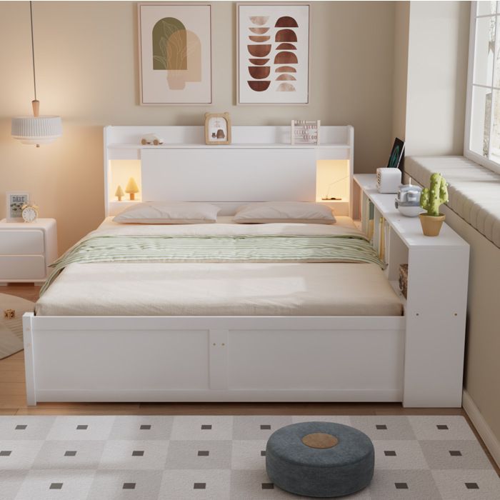 WUVRIE Lit double 140 x 200 cm avec tête de lit rangement 2 lampes prise de charge 2 tiroirs blanc