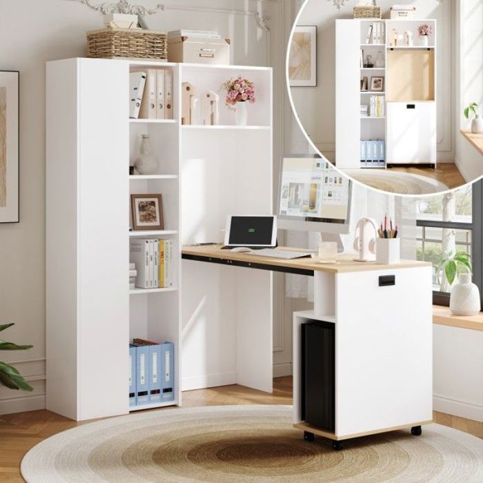 Table de travail dangle pliable gain de place blanc USB charge intégrée rayonnages ajustables 104 5x30 5x160cm Bureau d’angle