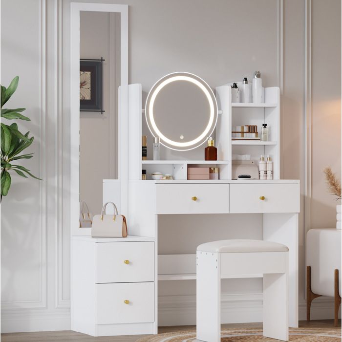 MEULVA Coiffeuse 4-en-1 109 x 36 x 164 cm avec miroir LED 3 couleurs miroir plein pied tabouret 4 tiroirs blanc