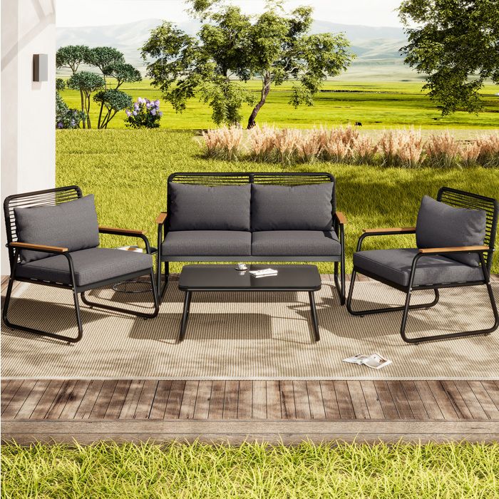 JOINERY canapé salon de jardin 4 places extérieur avec table basse verre trempé fer galvanisé coussins inclus noir pieds réglables