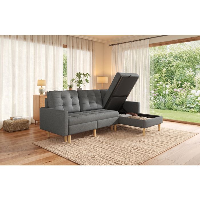 Canapé dangle 3 places réversible 212 x 130 x 86 cm avec rangement convertible tissu gris
