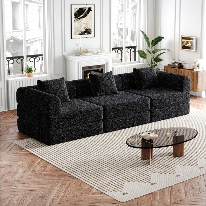 Canapé convertible 3 places 2 en 1 en chenille noire avec rangement accoudoir structure métallique modulable ORVRYN