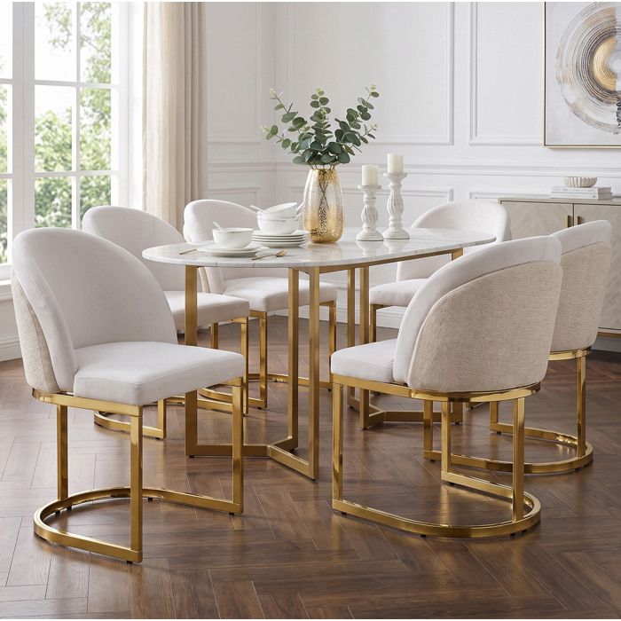 Lot de 6 Chaises de Salle à Manger Dossier Double - TCQPZ - Pieds en Métal Doré - Chenille et Métal - Beige et Or
