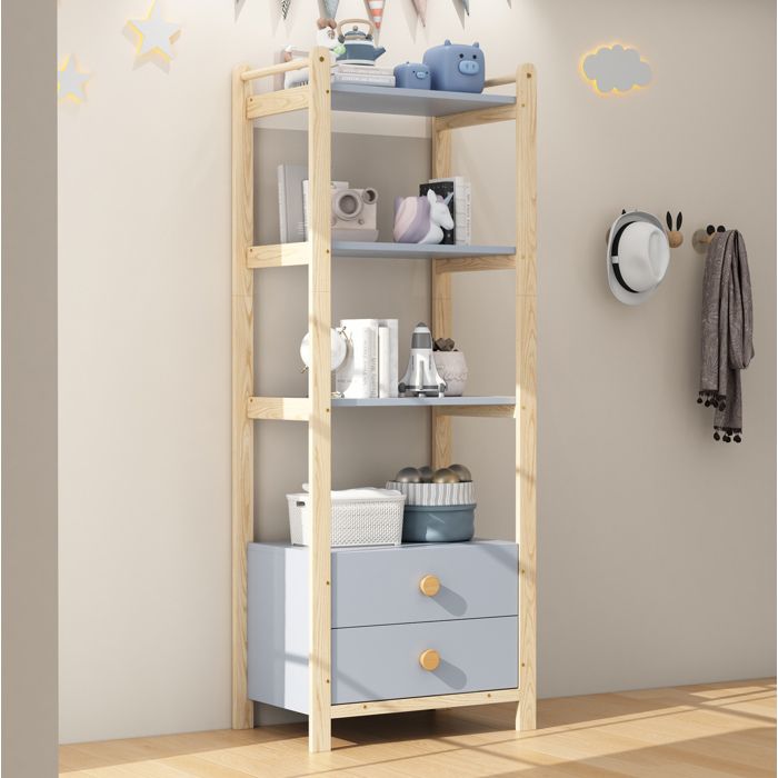 Étagère de rangement avec 2 tiroirs et 3 étagères ouvertes pour salon et chambre en pin bleu et bois naturel