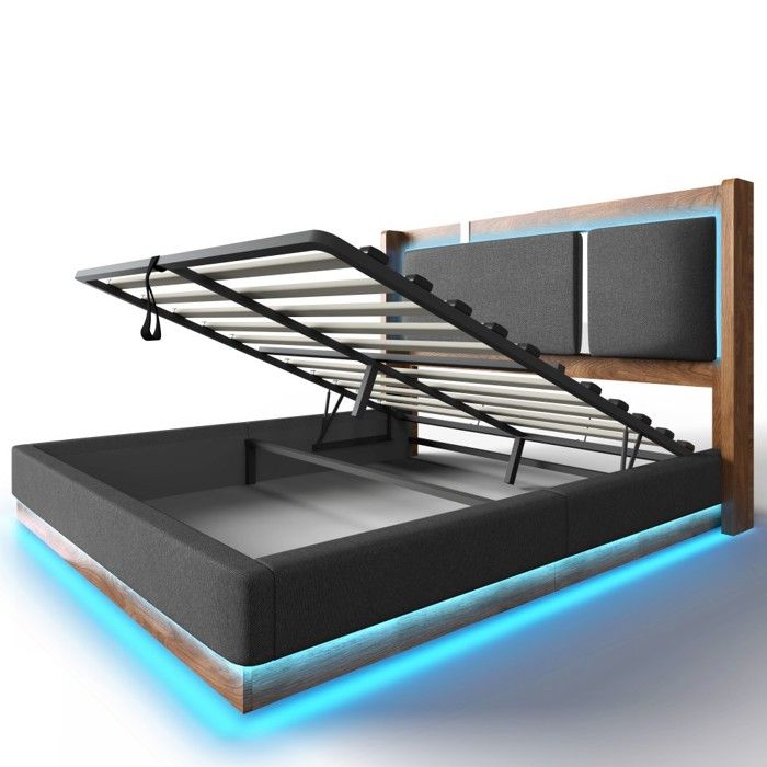 Lit double 160x200 Gris Lin Noyer tête capitonnée LED coffre hydraulique sommier lattes lit adulte confort sans matelas