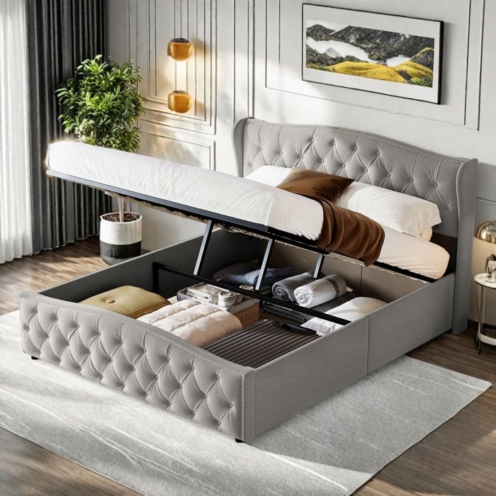 Structure de lit double 160x200 cm - Tête de lit rembourrée - Sommier à lattes - Avec clous décoratifs - Gris - Scandinave