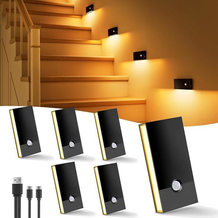 Veilleuse detecteur de mouvement Lot De 6 Lampe Detecteur de mouvement interieur 2700K USB Rechargeable 6 Piece Noir