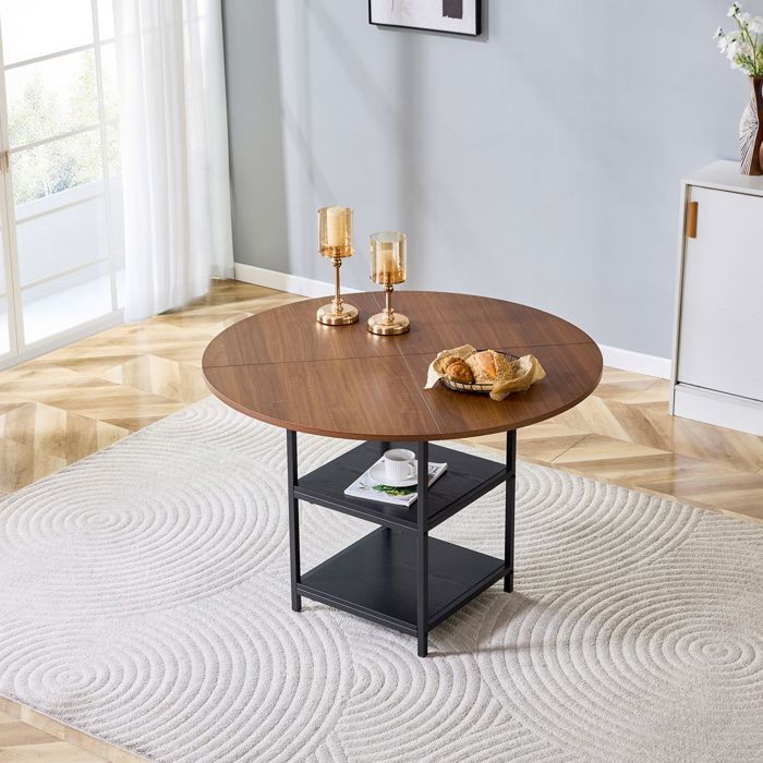 Table à Manger diamètre 107 cm forme ronde 2 à 4 places aspect noyer plateau MDF piétement métal double compartiment