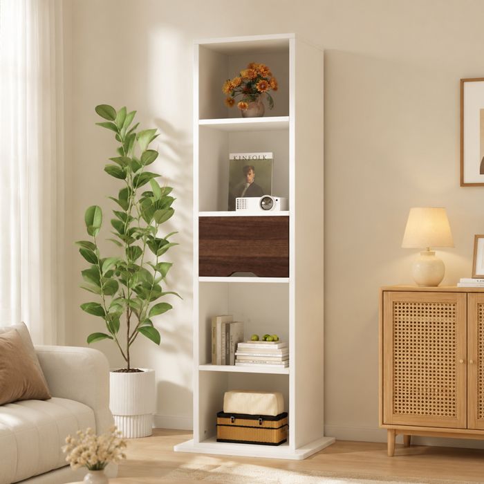 Colonne de Rangement Pivotante 360° avec Miroir Armoire de Rangement Blanc et Bois