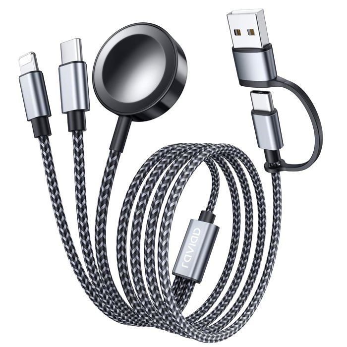 Câble 3 en 2 pour Chargeur Apple Watch USB C et Lightning-1.2M Câble Multi Chargeur pour iWatch Ultra/SE/11/10/9/8/7/6/5/4/3/2