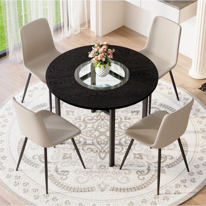 Ensemble table à manger ronde 4 places AESVAR 100 cm plateau MDF effet bois noir insert verre chaises PU gris chaud