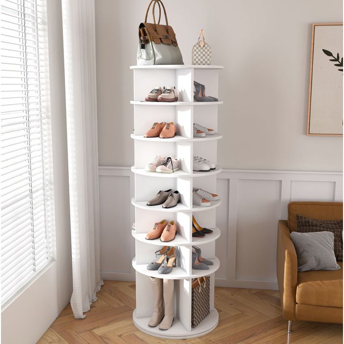 Meuble à chaussures rotatif 360° 7 niveaux 60x60x184 cm jusquà 28 paires rangement bottes en PVC blanc VEVXYN